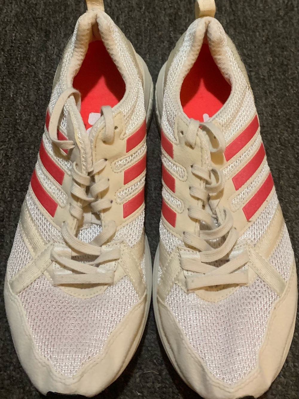 Women’s Adidas Adizero Tempo 9 Running Shoes White and Pink Stripes Sz. 8.5